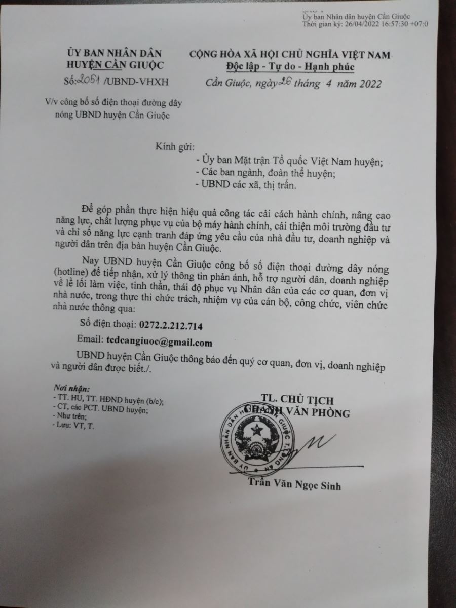 công văn số 2051/UBND-VHXH ngày 26/4/2022 của Ủy ban nhân dân huyện Cần Giuộc về việc công bố số điện thoại đường dây nóng UBND huyện Cần Giuộc
